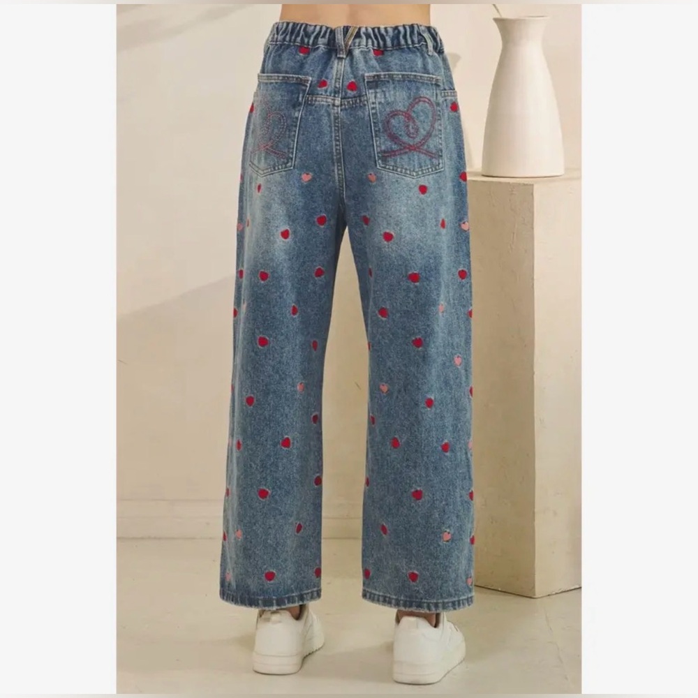 Oli & Hali Blue Wide Leg Jeans with Red Heart Embroidery - Picture 4 of 12